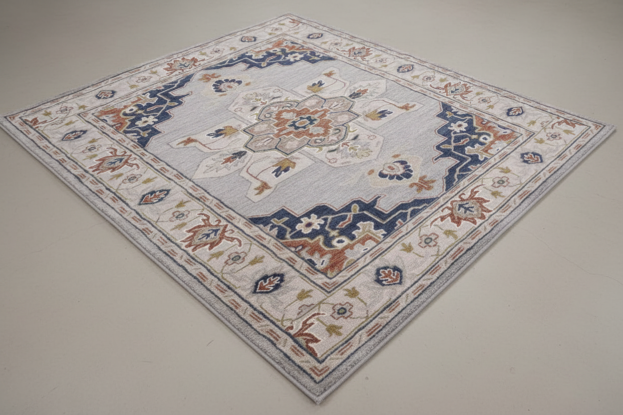 Decorative rug with intricate patterns on a plain background