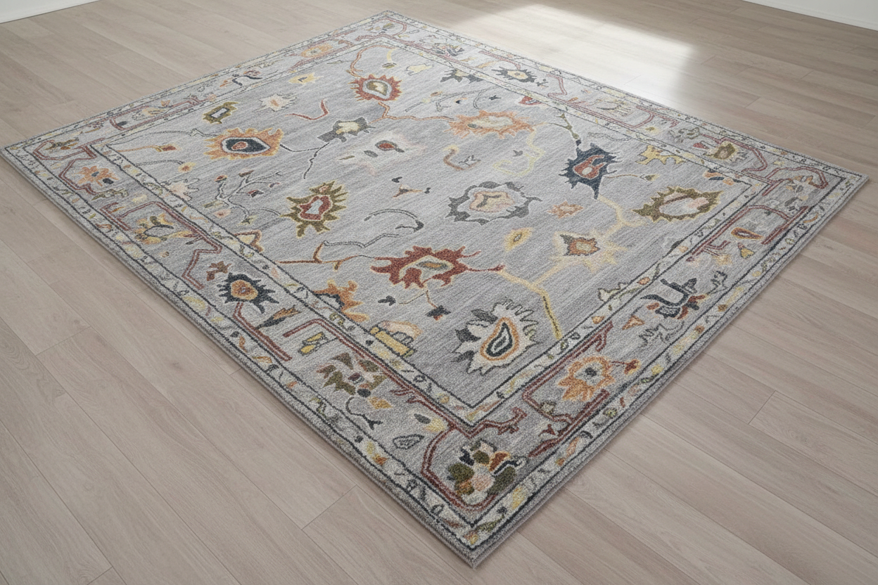 Decorative rug with intricate patterns on a plain background
