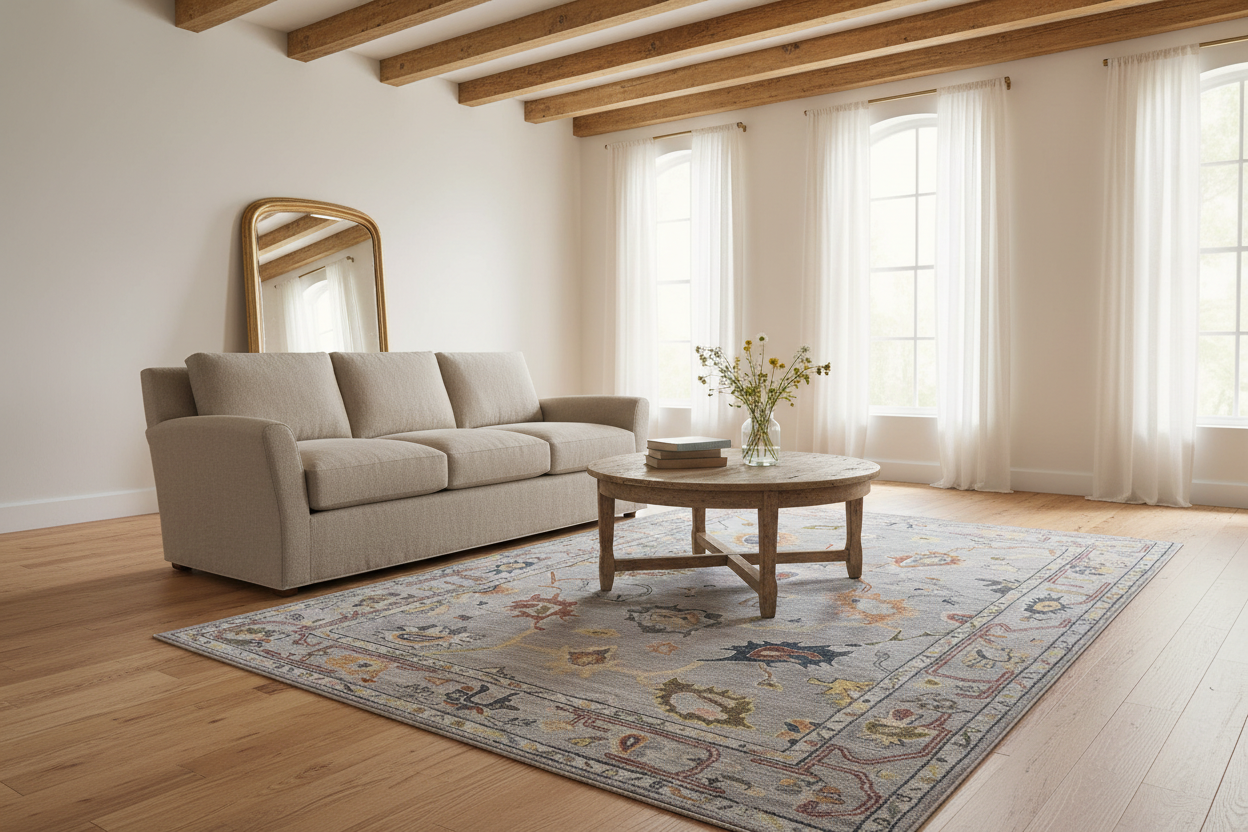 Decorative rug with intricate patterns on a plain background