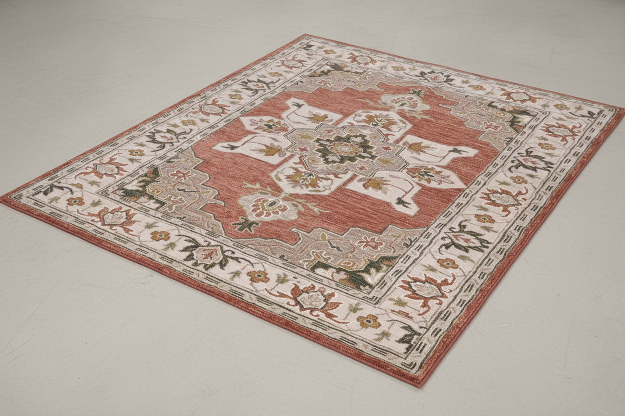 Decorative rug with intricate patterns on a white background