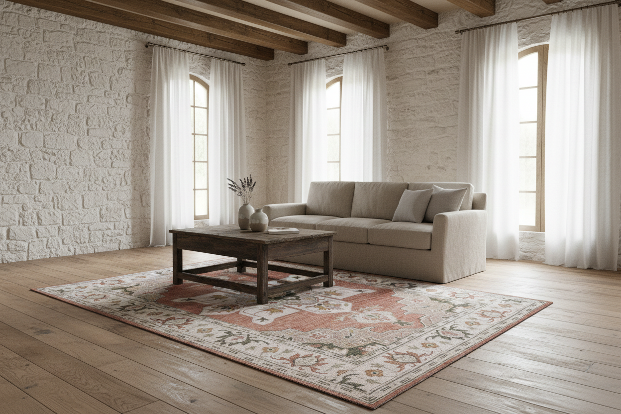 Decorative rug with intricate patterns on a white background