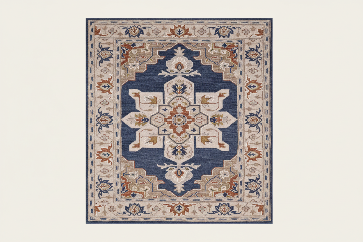 Decorative rug with intricate patterns on a white background