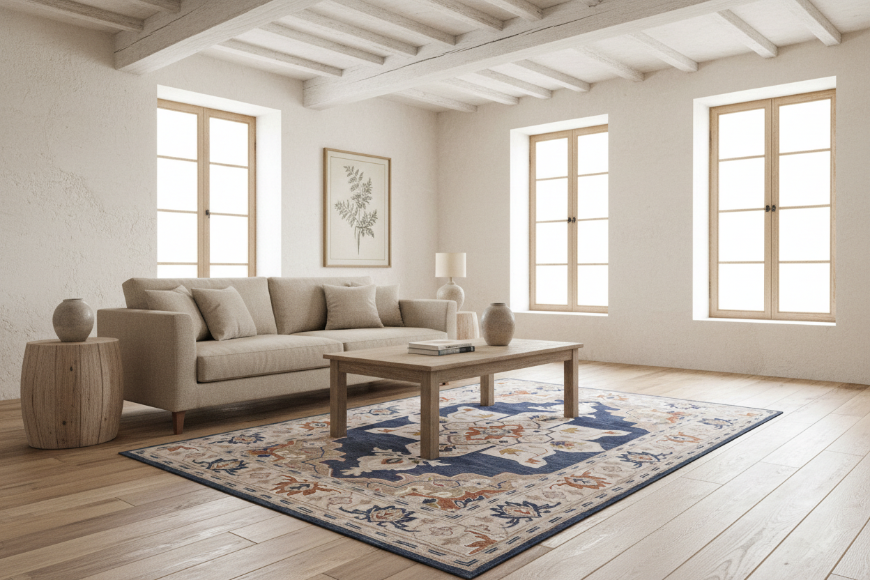 Decorative rug with intricate patterns on a white background