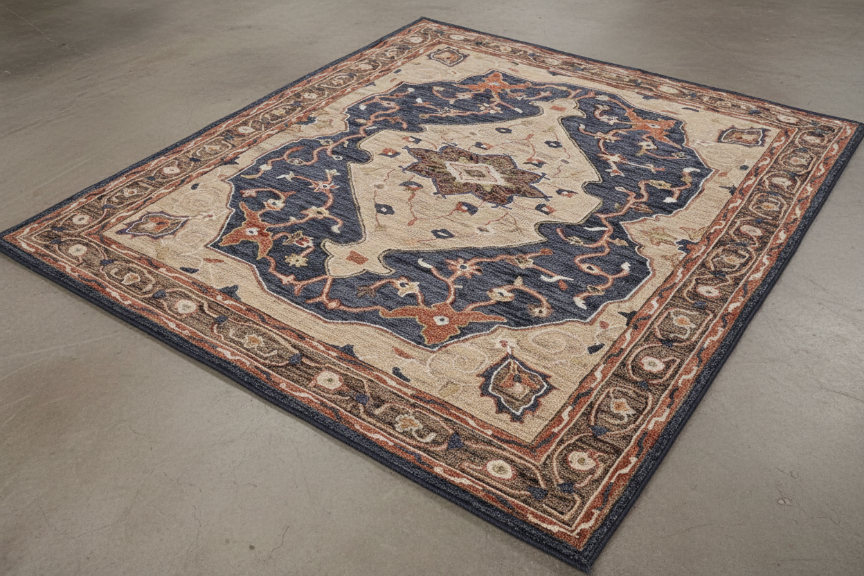 Decorative rug with intricate patterns on a white background