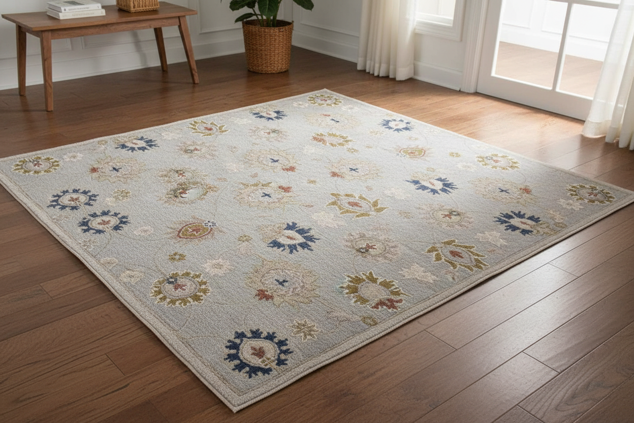 Decorative rug with floral patterns on a gray background