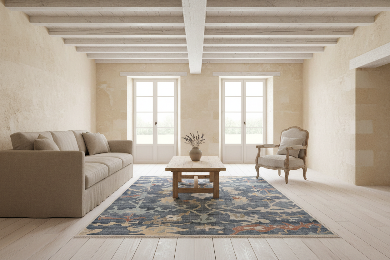 Decorative rug with abstract pattern on a plain background