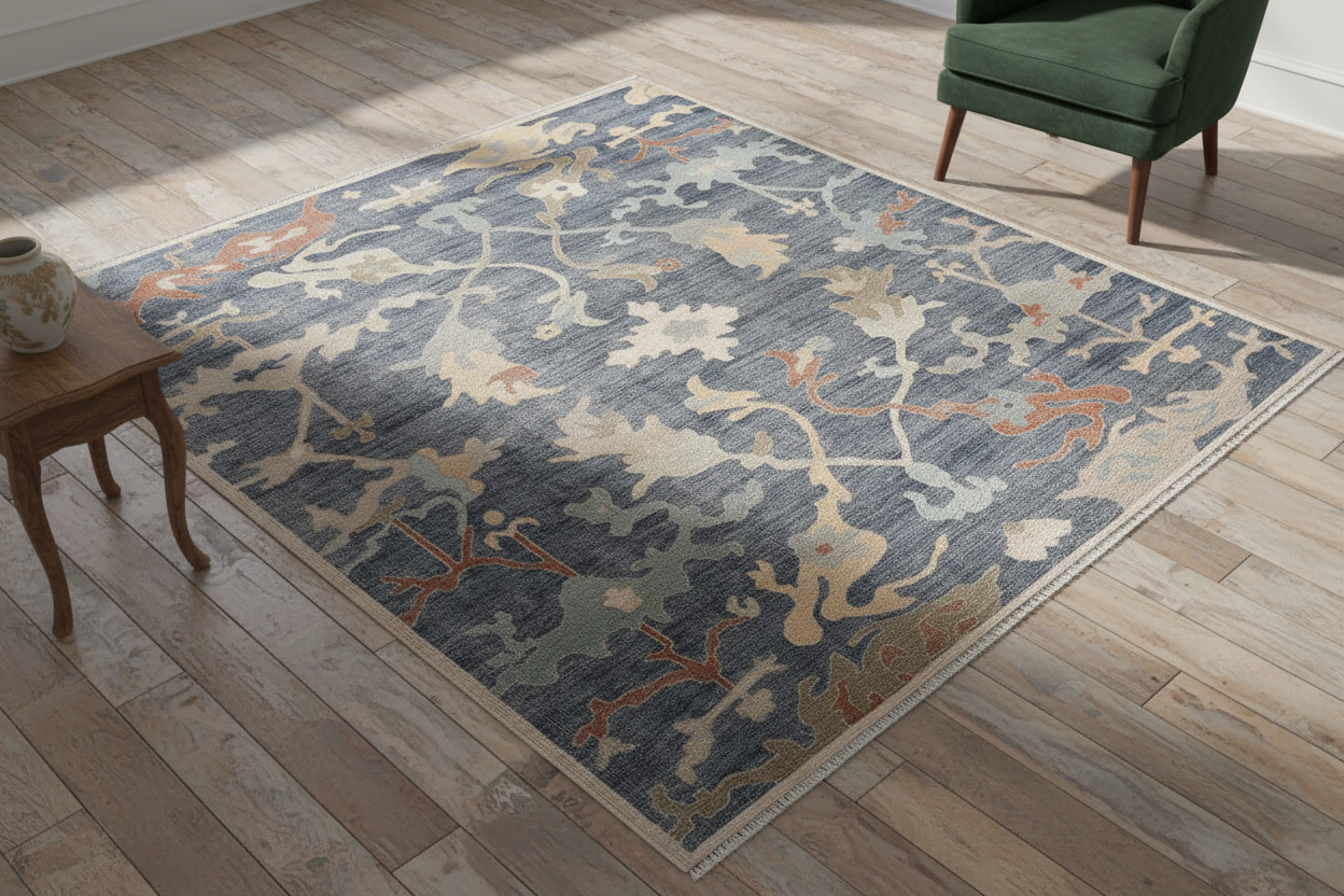 Decorative rug with abstract pattern on a plain background