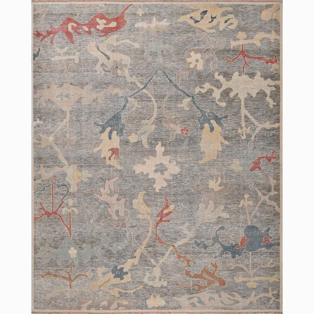 Decorative rug with abstract floral pattern on a gray background