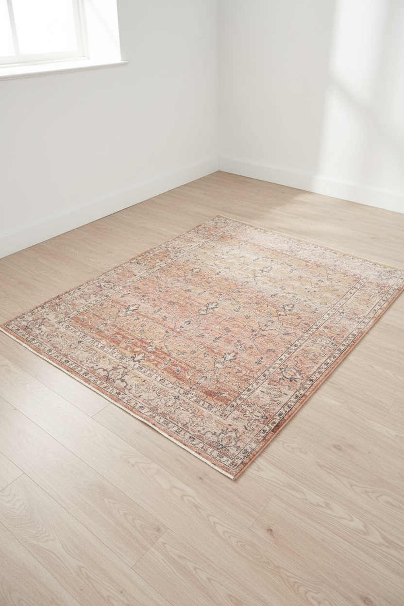 Patterned area rug with a beige and brown color scheme on a white background