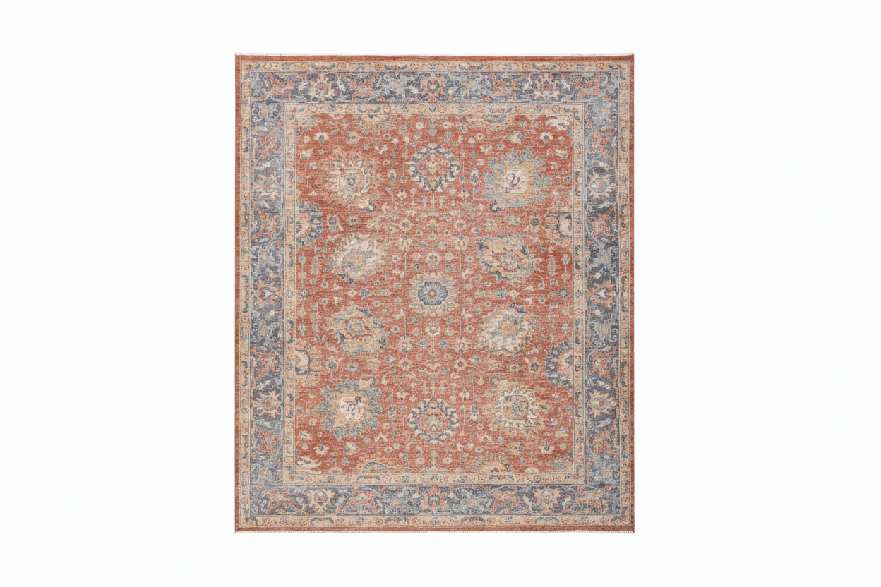 Decorative rug with intricate patterns in red and blue on a white background