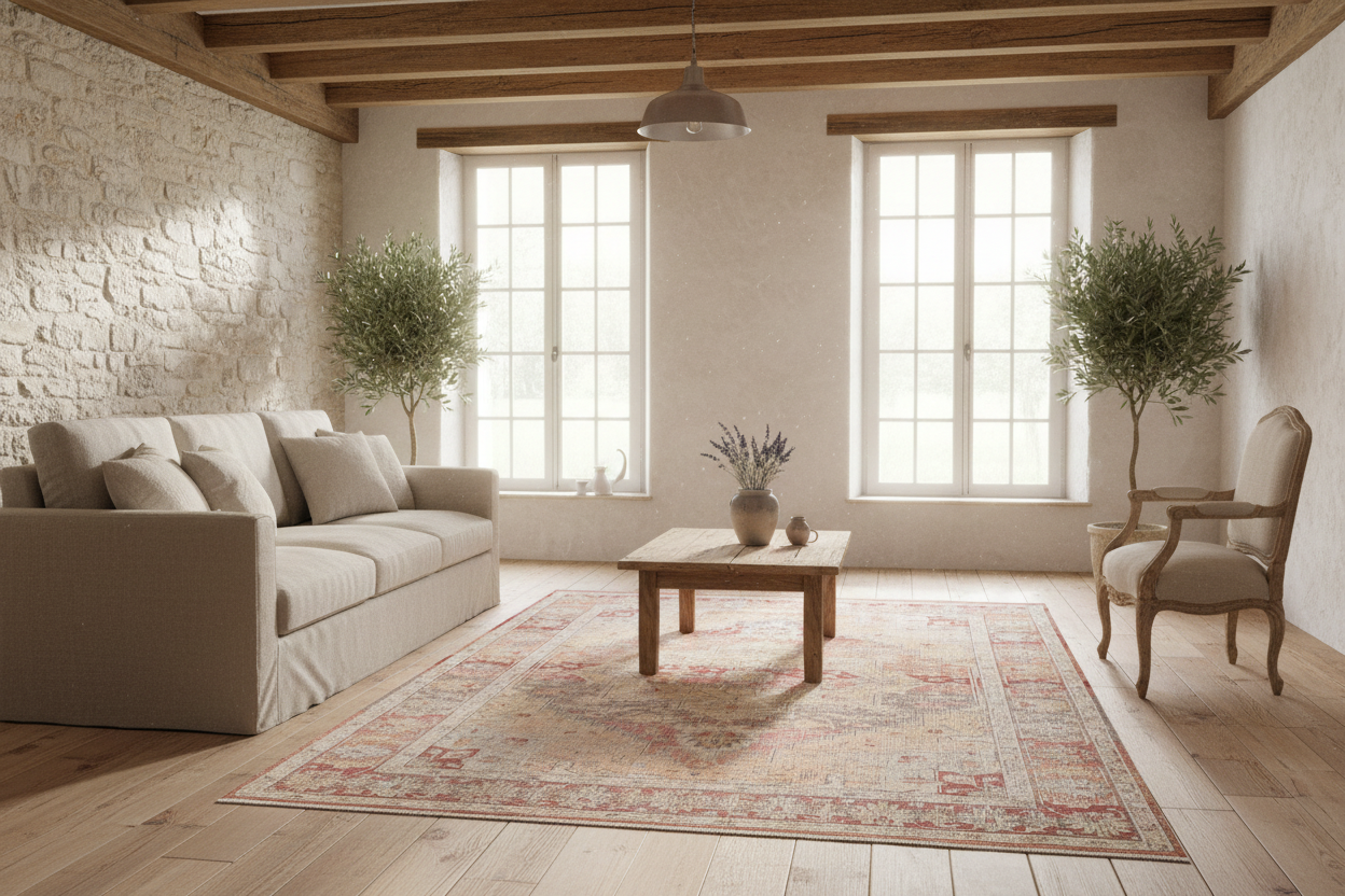 Decorative rug with intricate patterns in red, beige, and brown on a white background