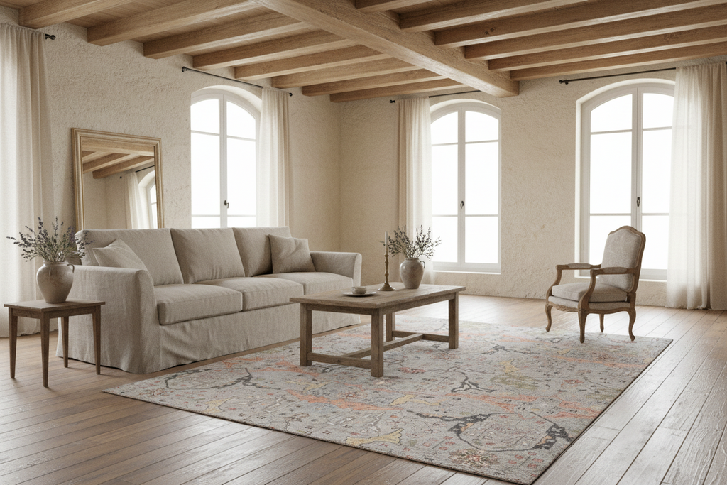 Patterned rug with geometric design on a light gray background