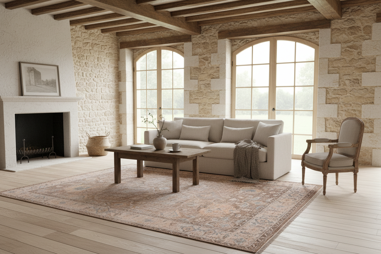 Patterned rug with beige and brown tones on a white background