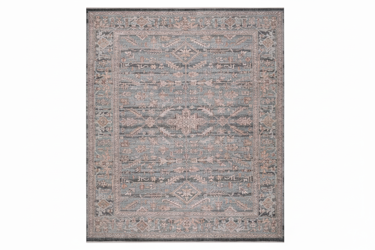 Patterned rug with geometric design on a plain background