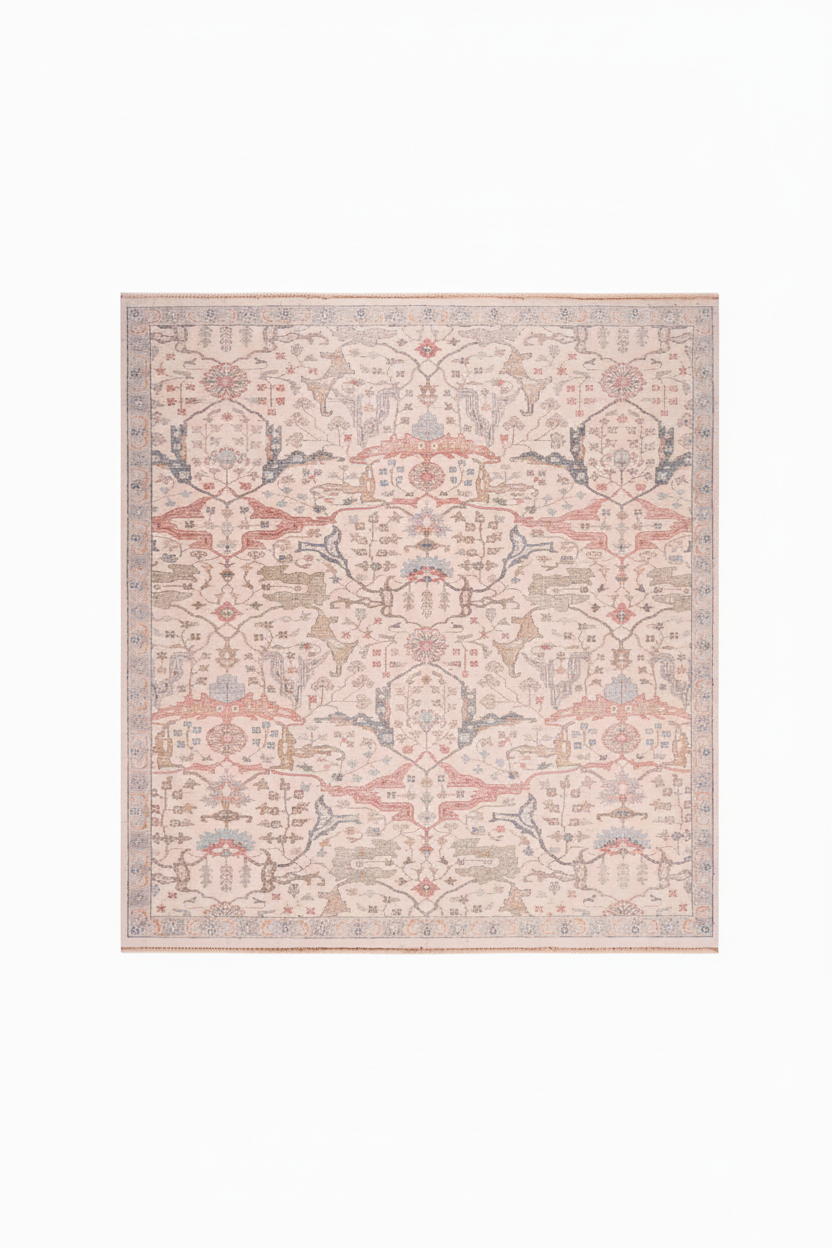 Decorative rug with intricate pattern on a plain background