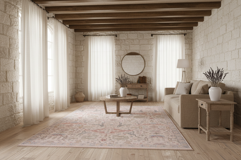 Decorative rug with intricate pattern on a plain background