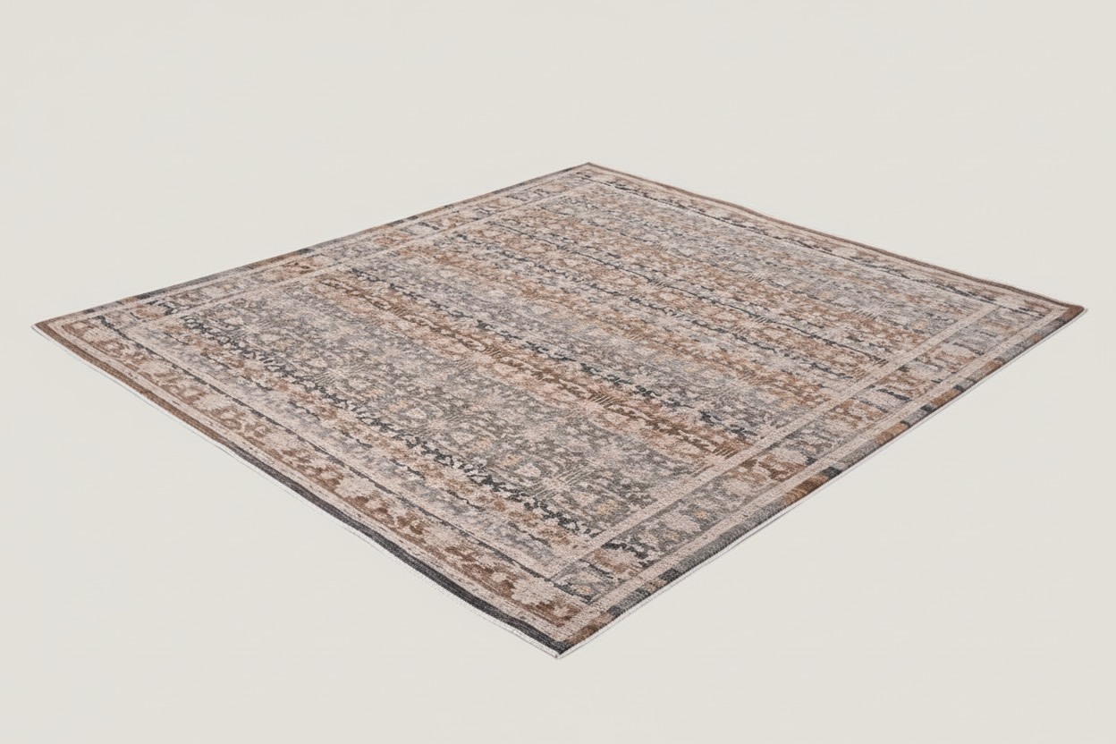 Patterned area rug with neutral colors on a white background