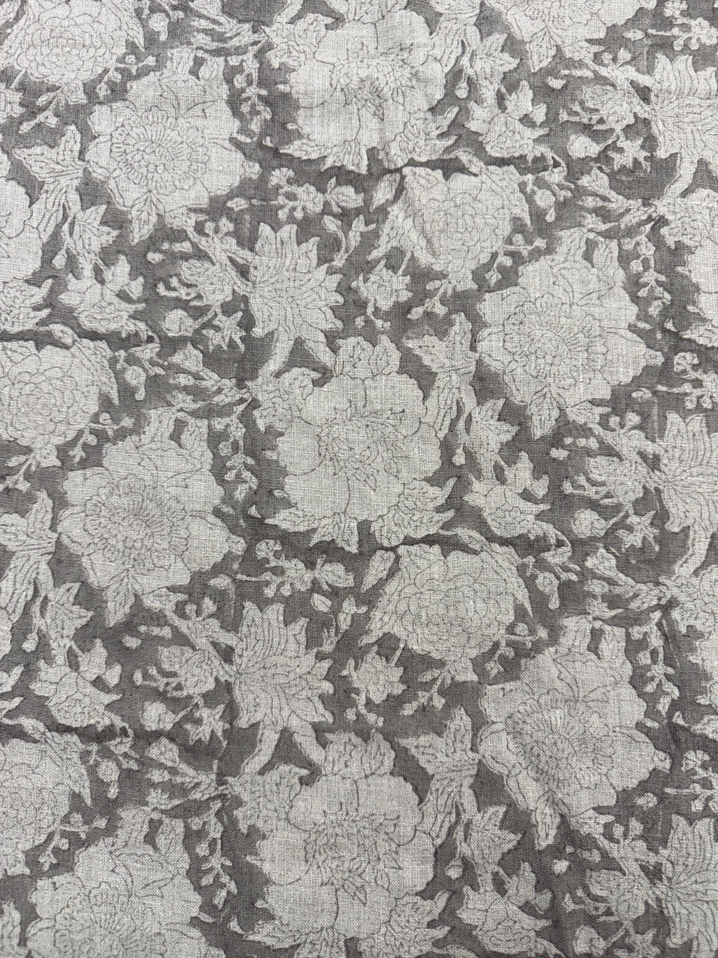 Charlie Block Print Handloom Linen Fabric Gray, Gray Outline Linen Fabric