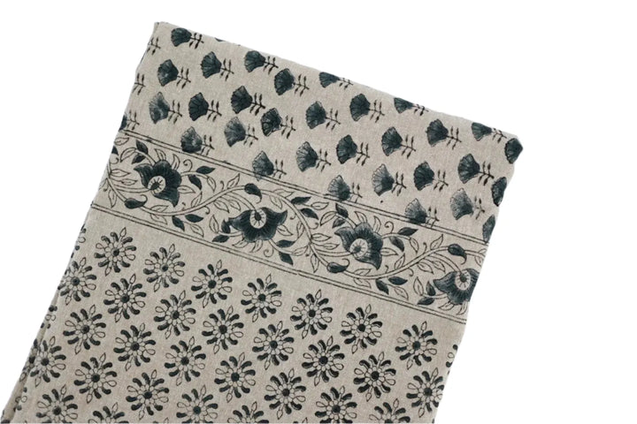 Blue Gray Floral Block Print Tablecloth