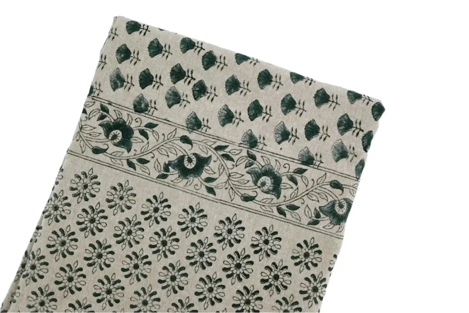 Floral patterned fabric with green and beige colors on a white background