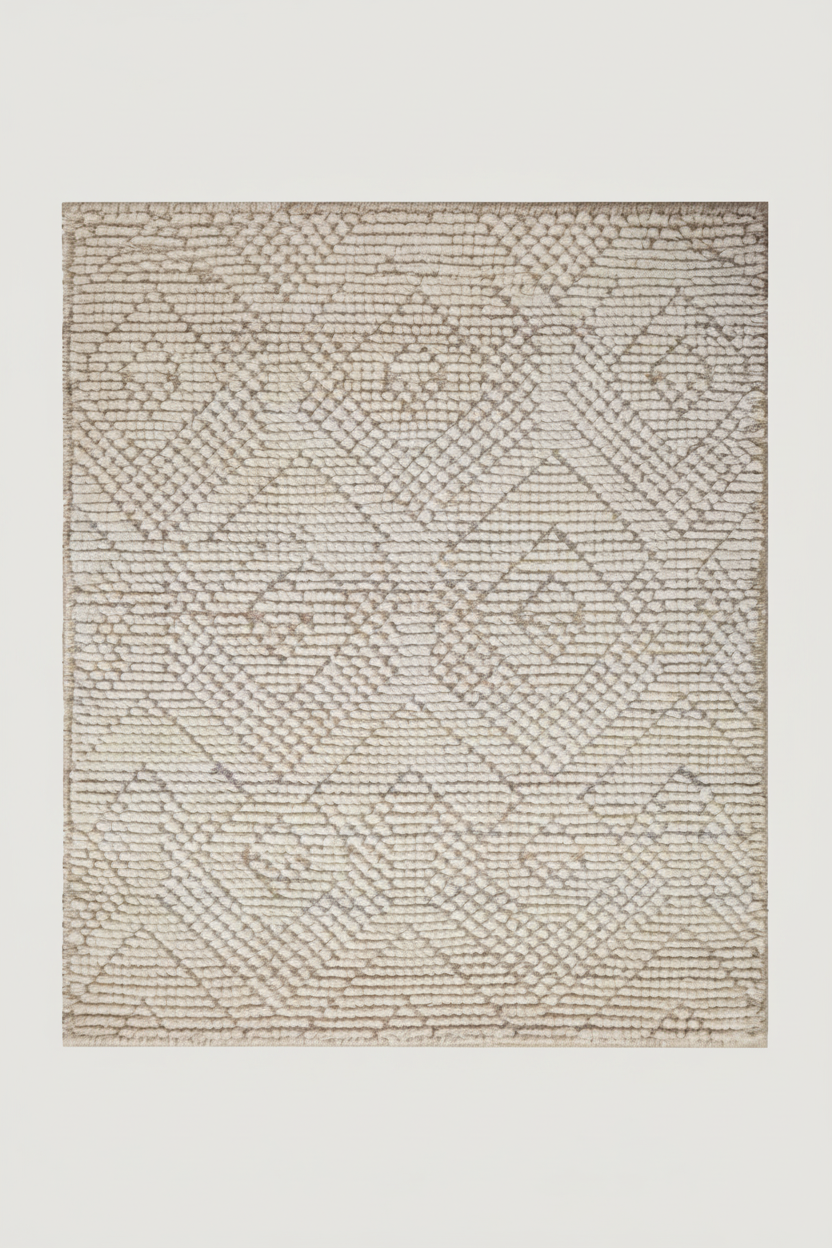Textured area rug with geometric pattern on a plain background