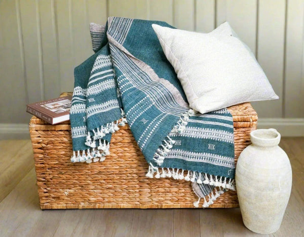 Handwoven Vintage Bhujodi Bed Throw - Cobalt - 40 X 90