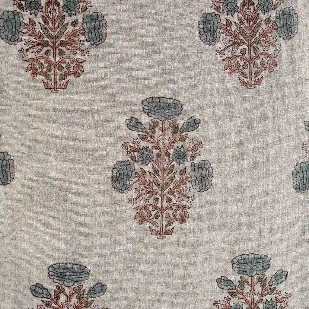 A Pressed Petal Natural & Ice Blue Linen Fabric