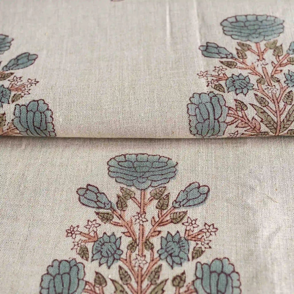 A Pressed Petal Natural & Ice Blue Linen Fabric