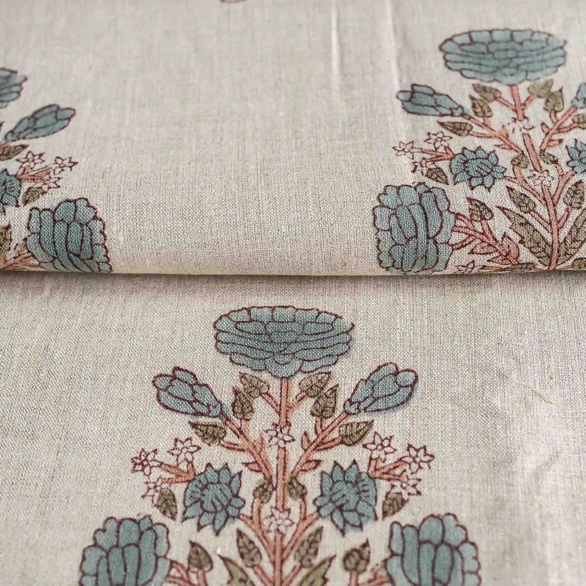 A Pressed Petal Natural & Ice Blue Linen Fabric