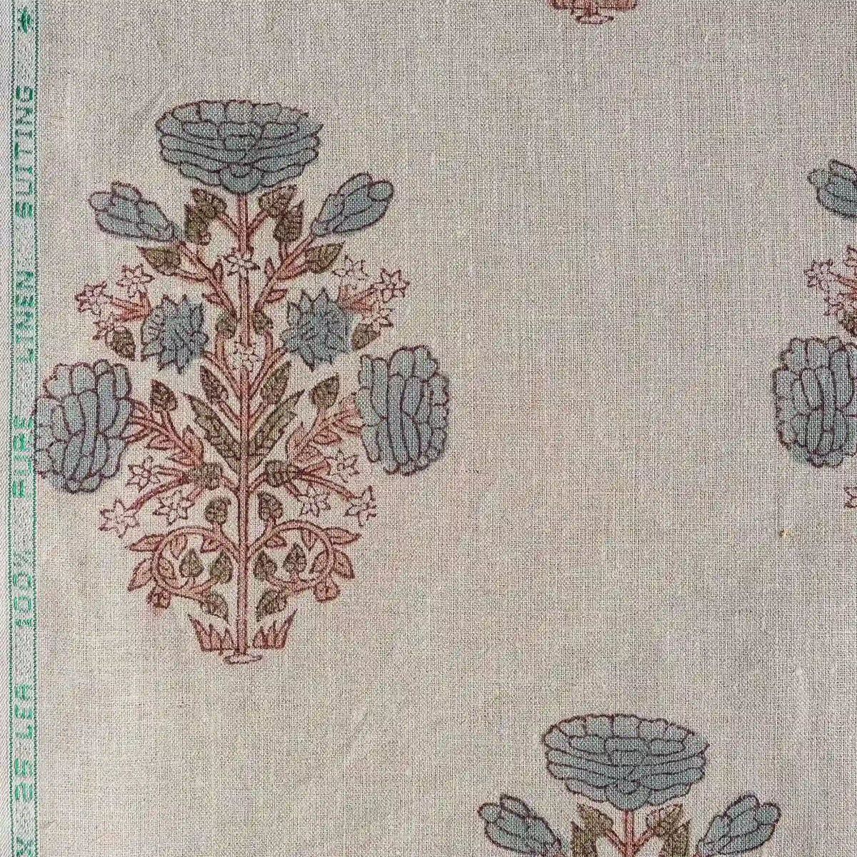 A Pressed Petal Natural & Ice Blue Linen Fabric