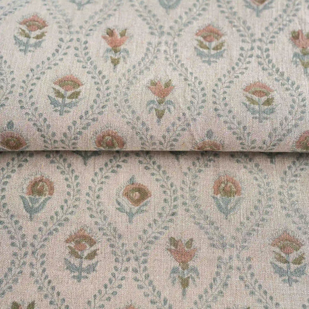 Orchard House Natural & Ice Blue Linen Fabric