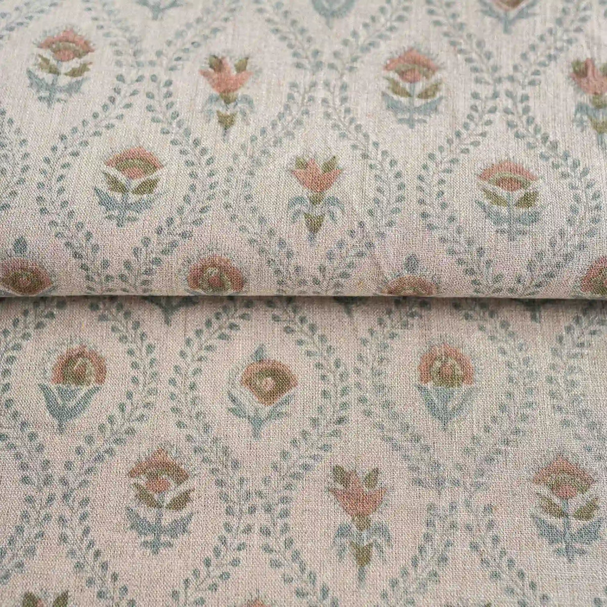 Orchard House Natural & Ice Blue Linen Fabric