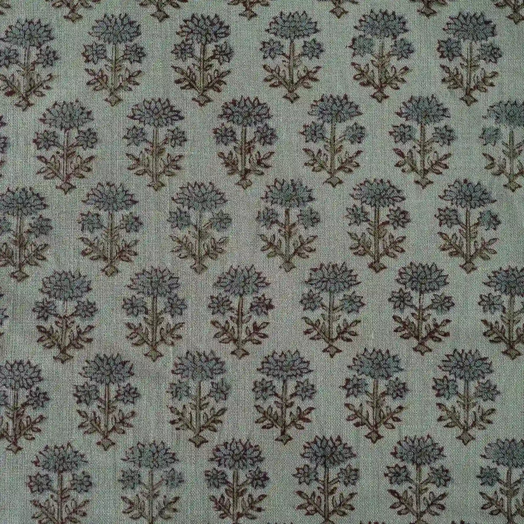 Blooming Petals Natural & Ice Blue Linen Fabric