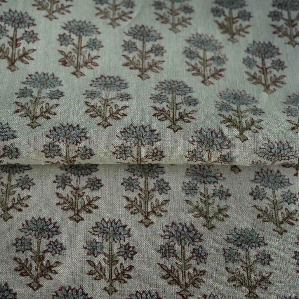 Blooming Petals Natural & Ice Blue Linen Fabric