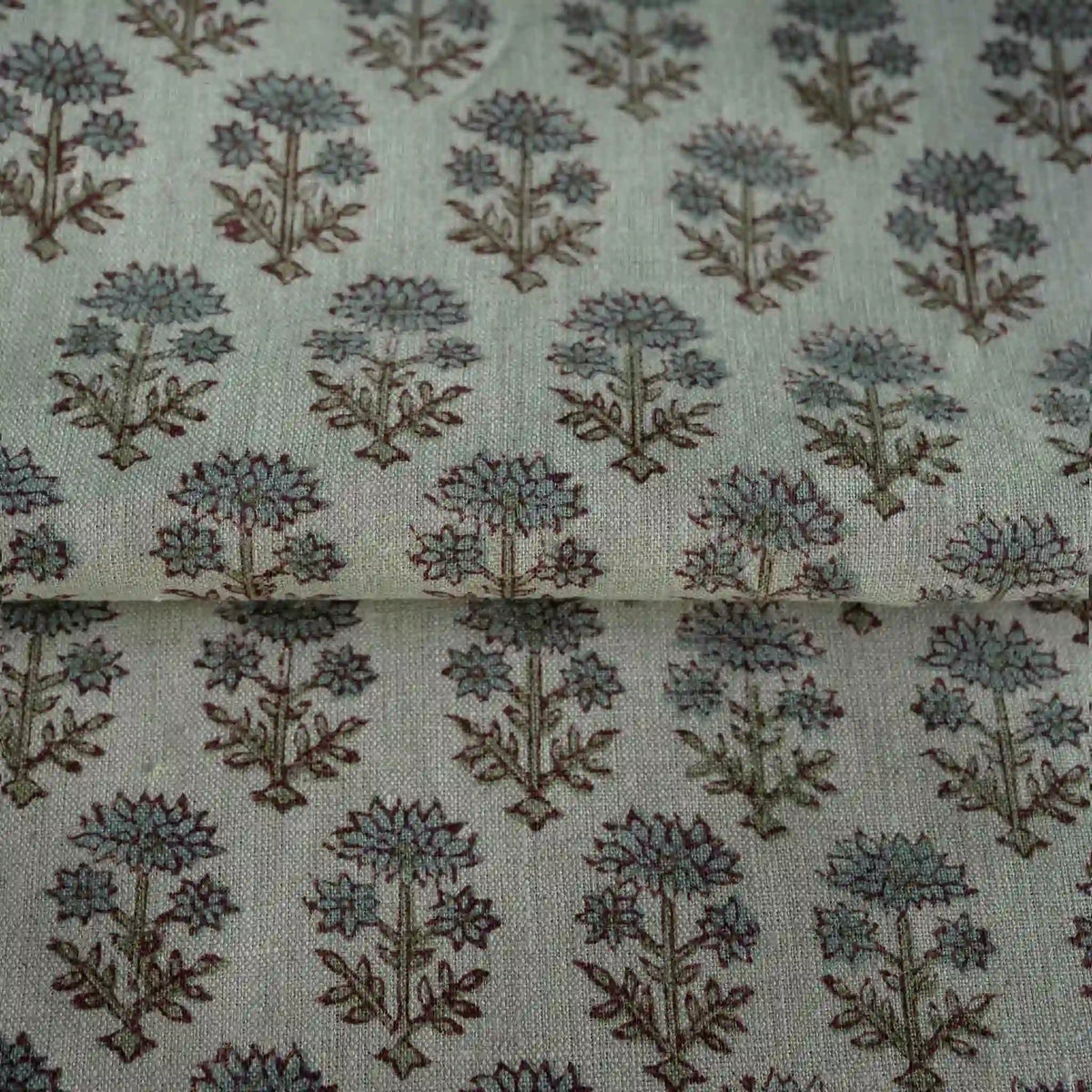 Blooming Petals Natural & Ice Blue Linen Fabric