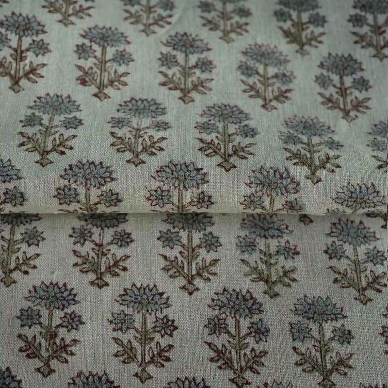 Blooming Petals Natural & Ice Blue Linen Fabric