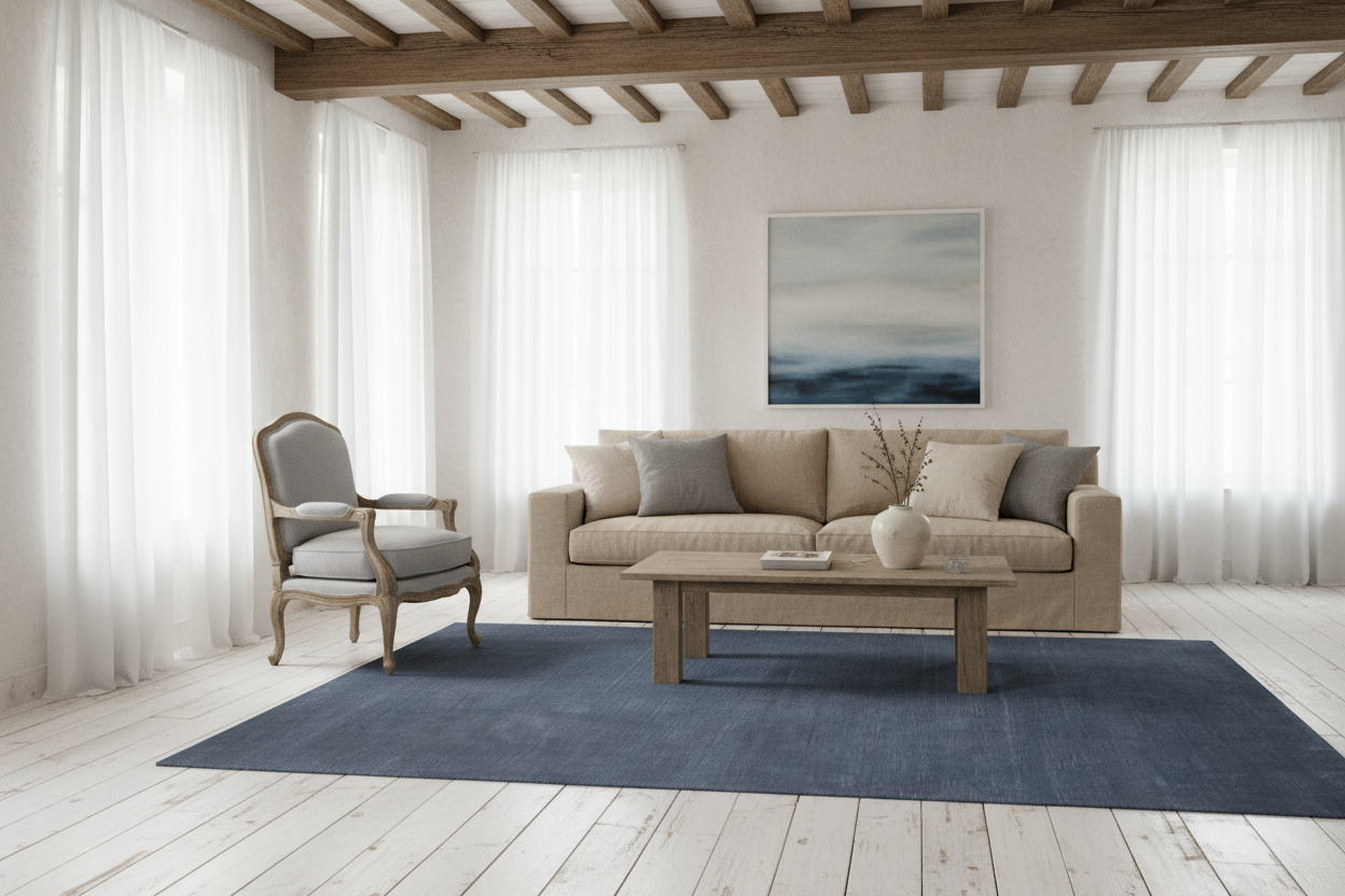 Solid blue rug on a white background