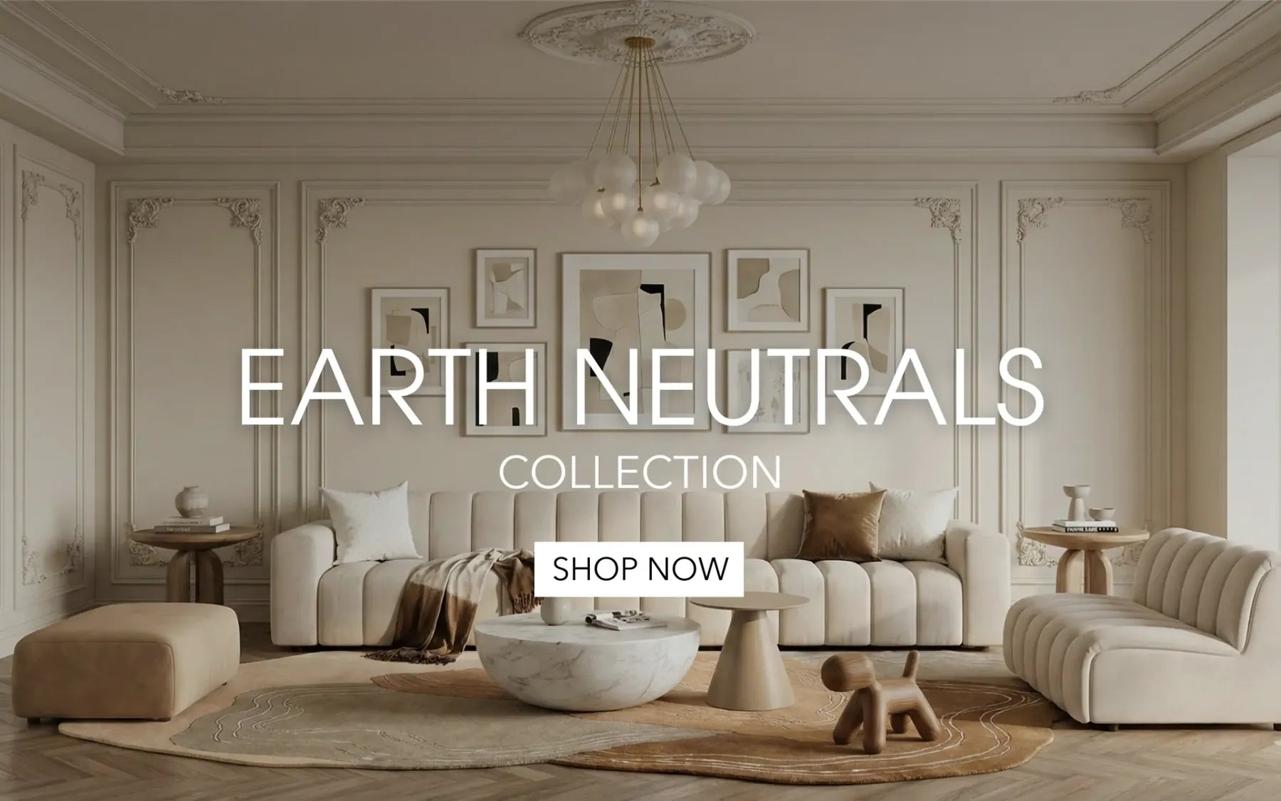 Living room with 'Earth Neutrals Collection' text and 'Shop Now' button.