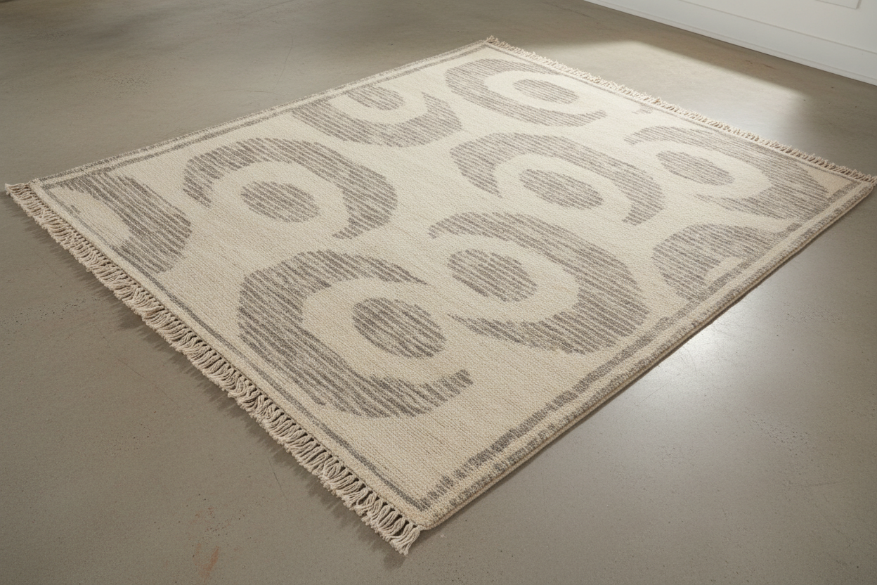 Rectangular area rug with geometric pattern on a plain background