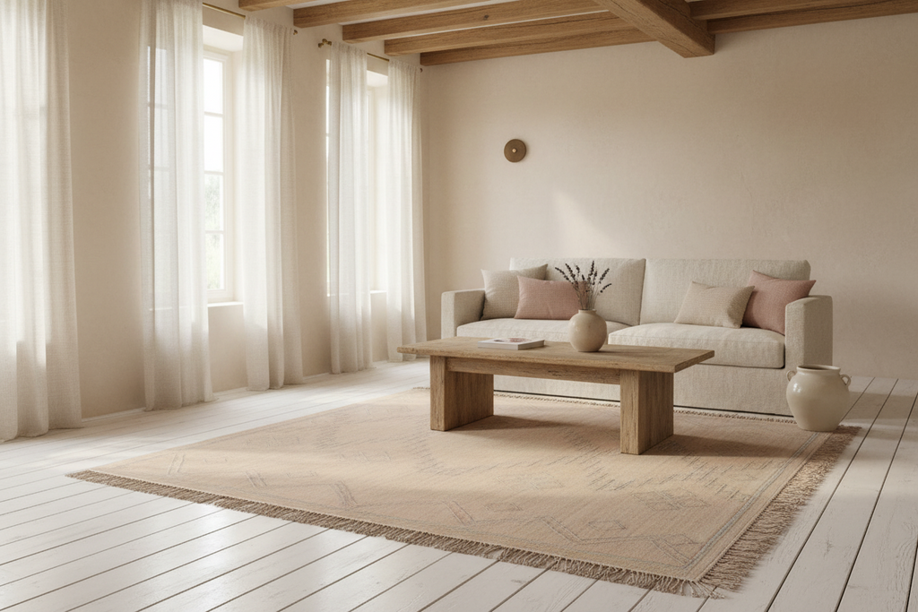 Beige area rug with geometric pattern on a white background