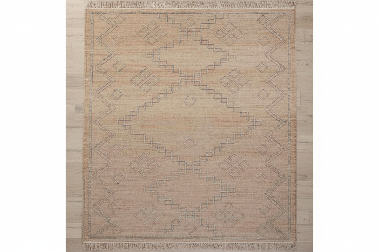 Beige area rug with geometric pattern on a white background