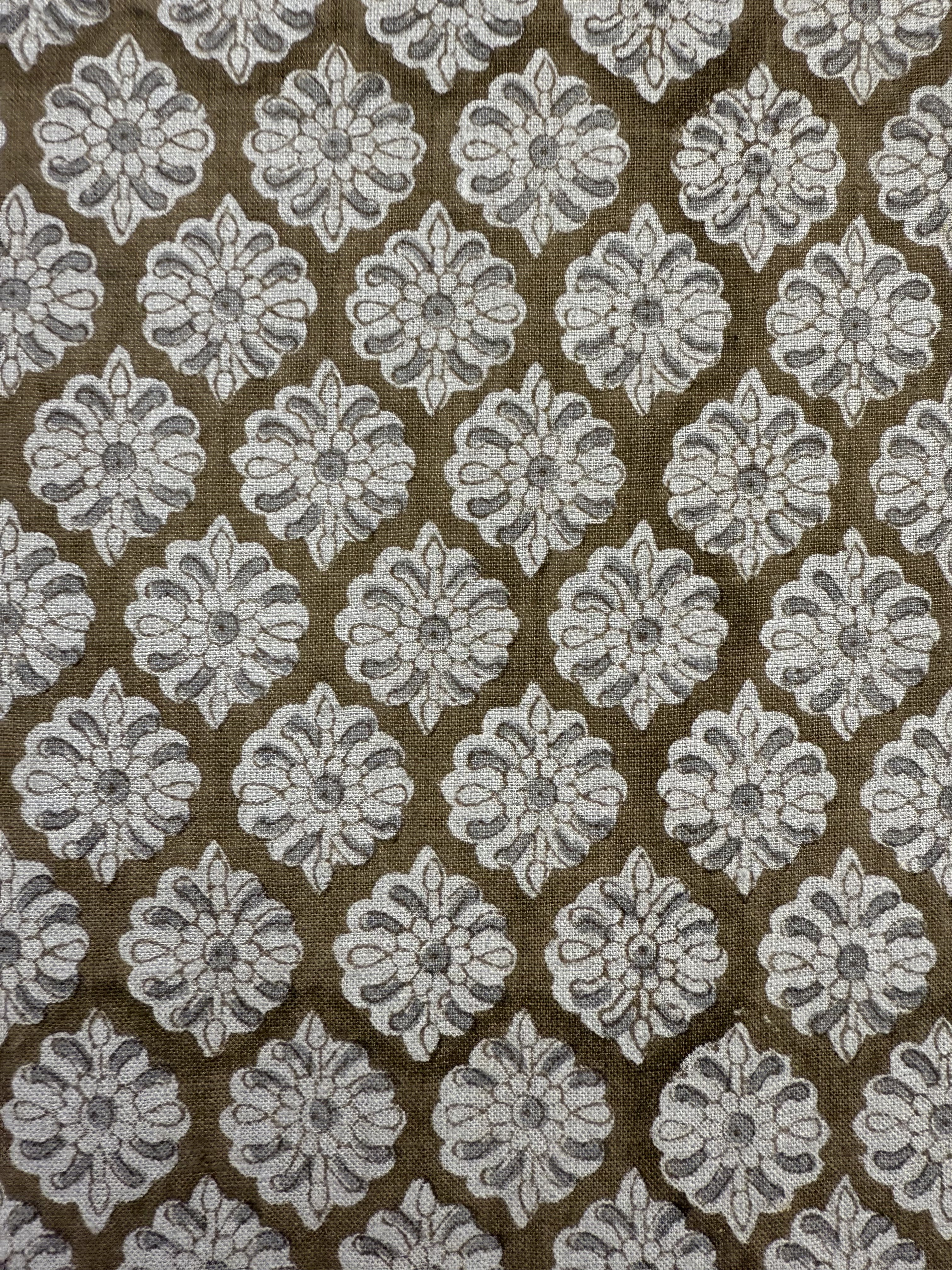 Jack Block Print Handloom Linen Brown Grey and Off-White Linen Fabric