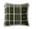 Decorative pillow with black and white plaid pattern and fringe on a white background