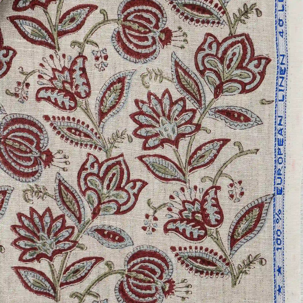 Garnet Bloom Natural Linen Fabric by the Yard