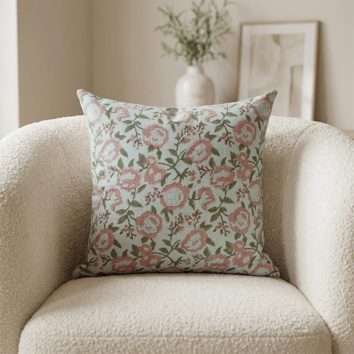 Botanical Drift Floral Natural Trace Linen Pillow Cover - Washed Aqua & Pink Pillow Covers