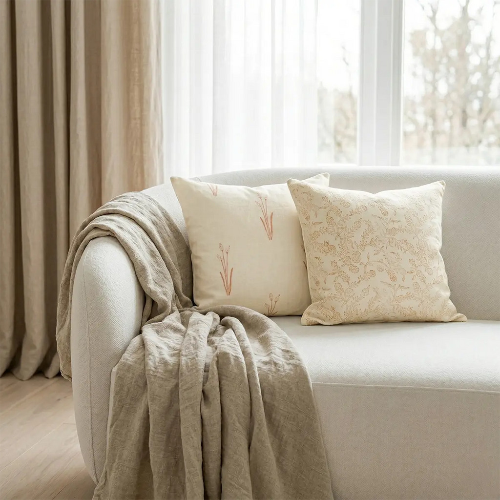 Botanical Drift Ochre Bloom Linen Pillow Cover - Ivory & Mustard Pillow Covers