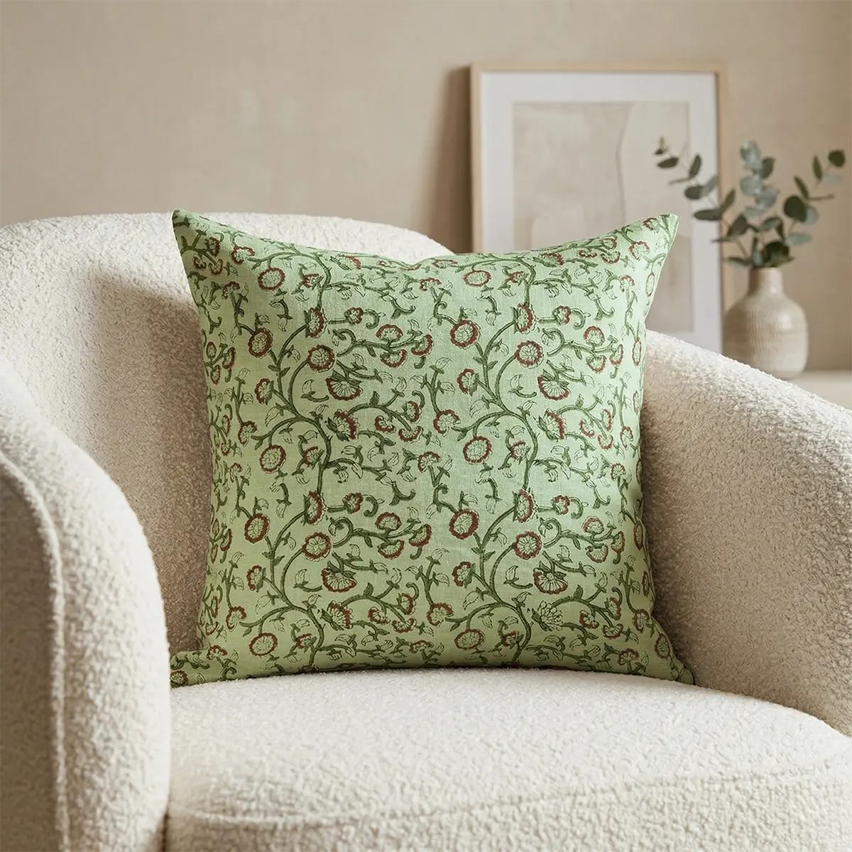 Mint Rust Vine Linen Pillow Cover – Botanical Bloom Pillow Covers