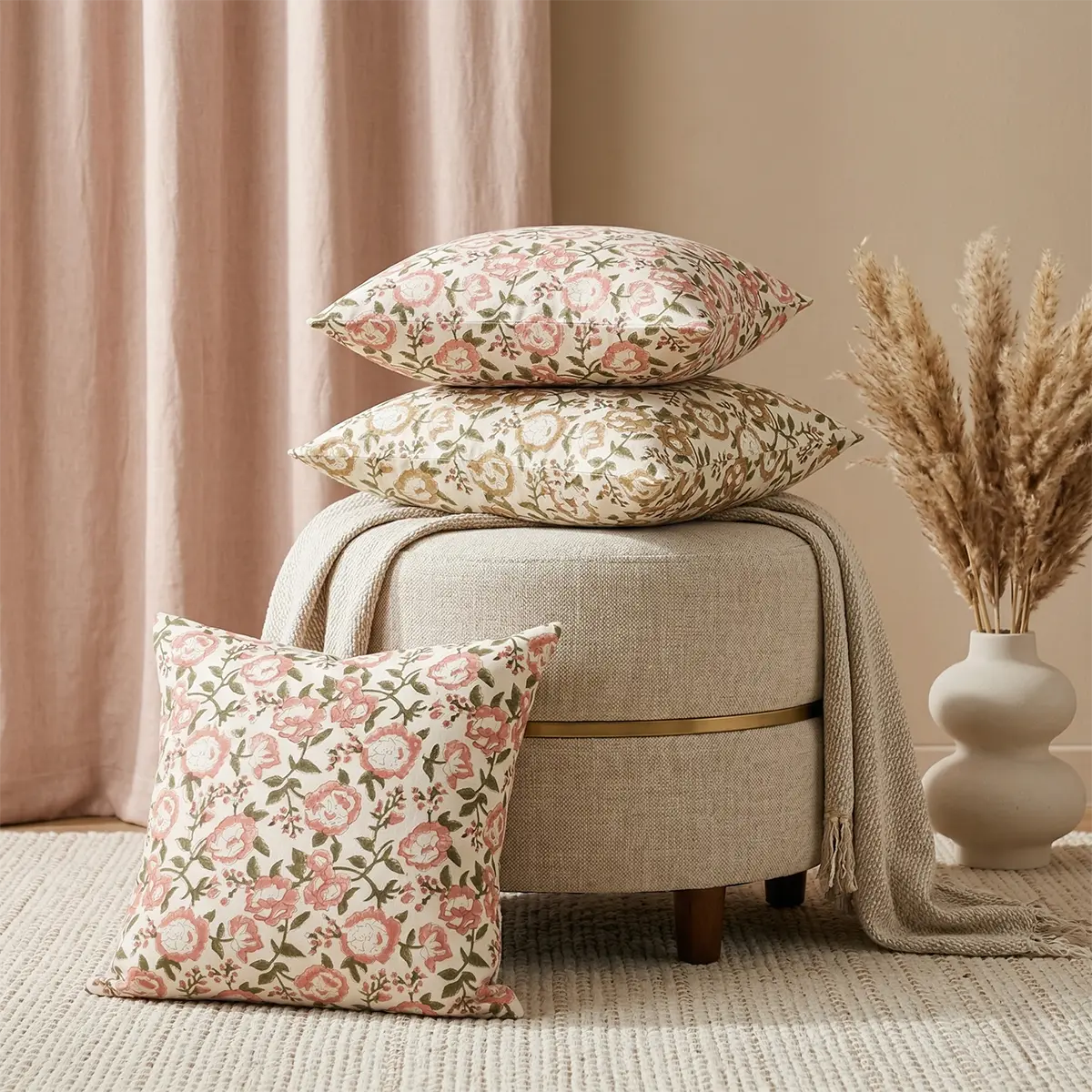 Botanical Drift Natural Trace Floral Linen Pillow Cover - Ivory & Beige Pillow Covers