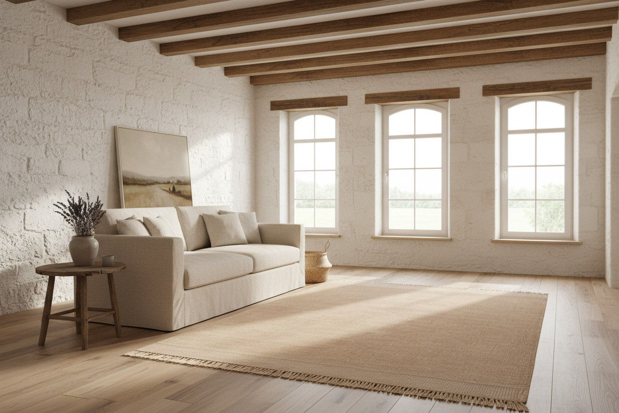 Beige area rug with tassels on a white background