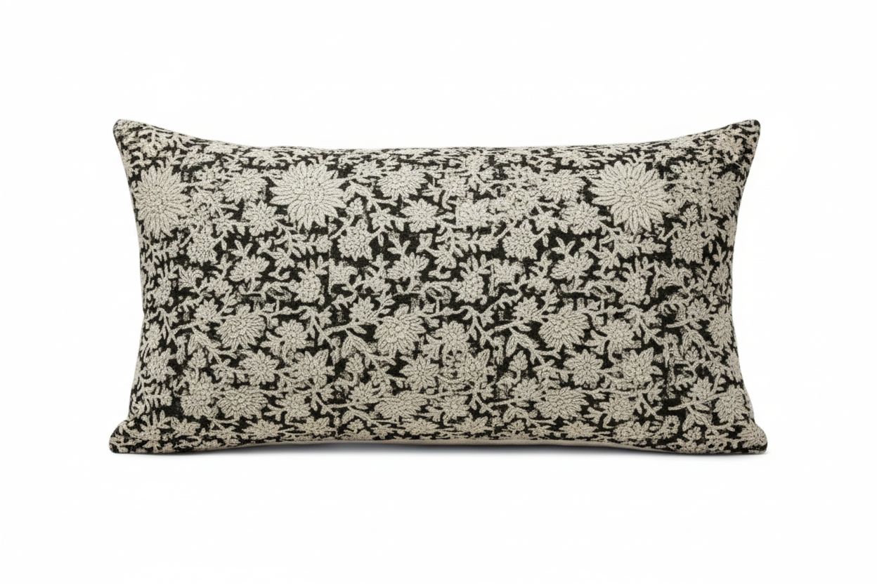 Franny Botanical Print Black Pillow Cover 16" x 42" Double Sided Pillow Covers